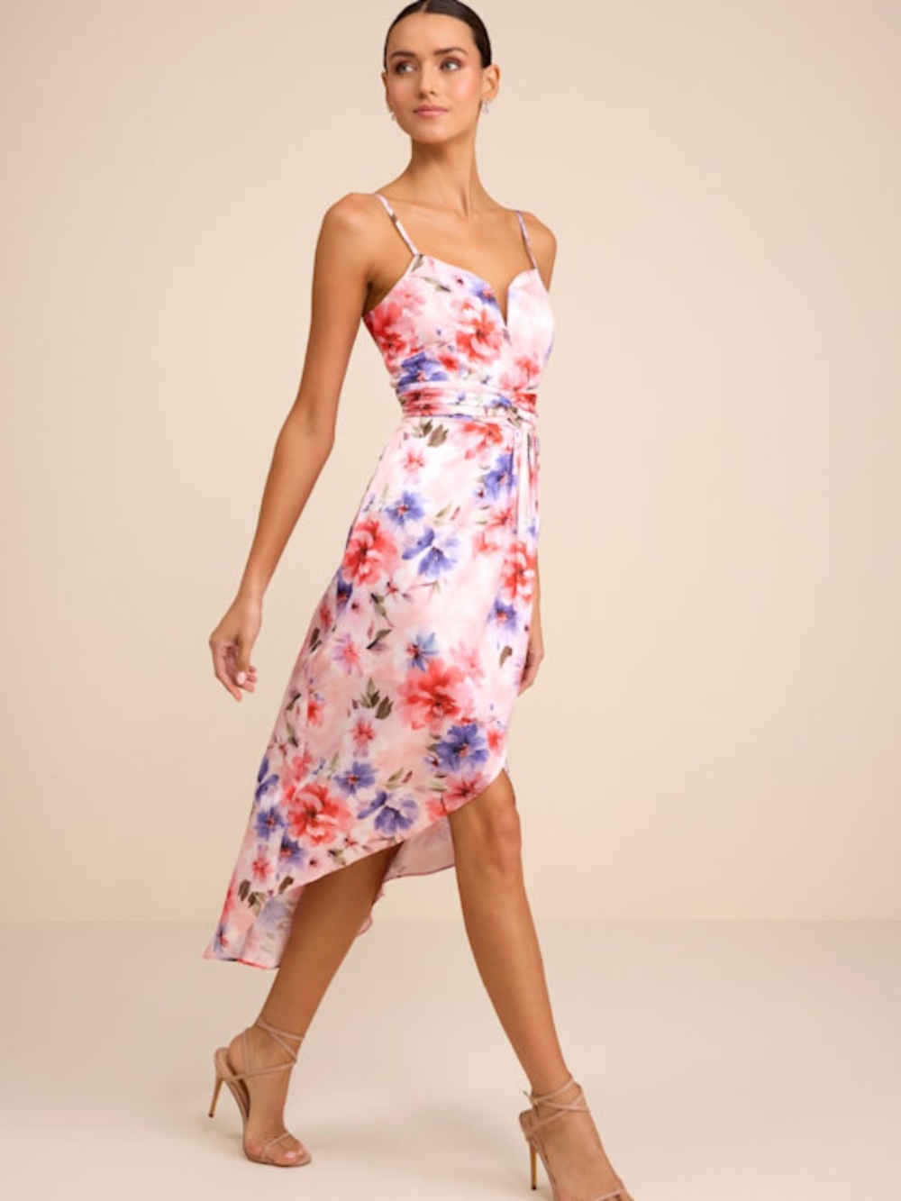 Lulus My Favorite Day Light Pink Floral Print Tulip Skirt Midi Dress - Size L